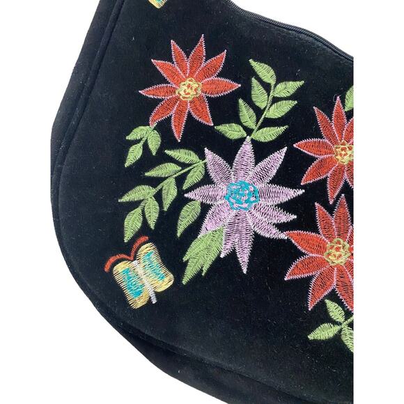 Vintage Y2K Suede Leather Shoulder Bag Purse Black Embroidered Butterflies Asian - Picture 6 of 15